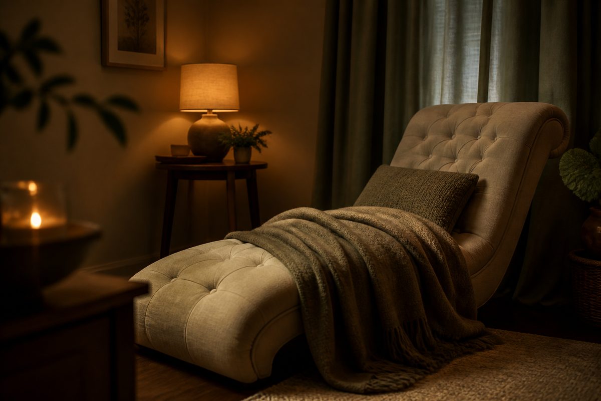A reclining chaise lounge with a soft blanket in a warmly lit room