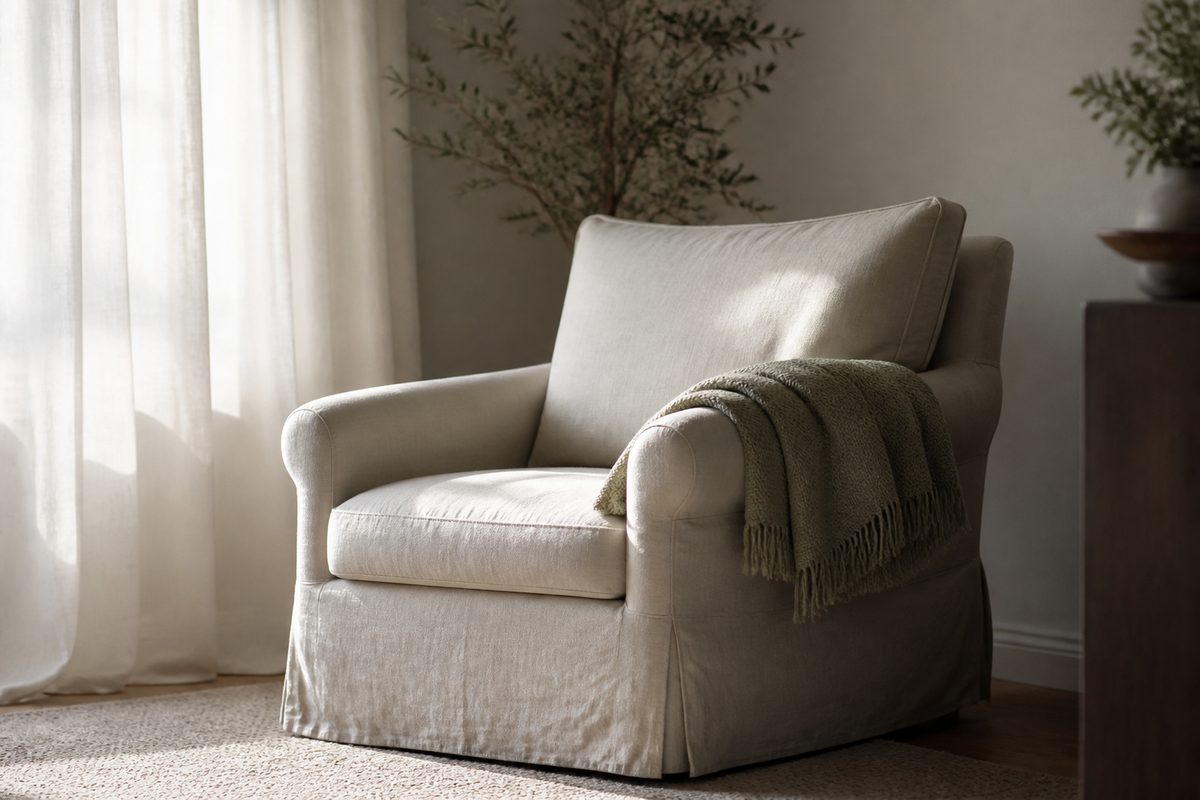 A single armchair beside a sunlit window with a folded blanket